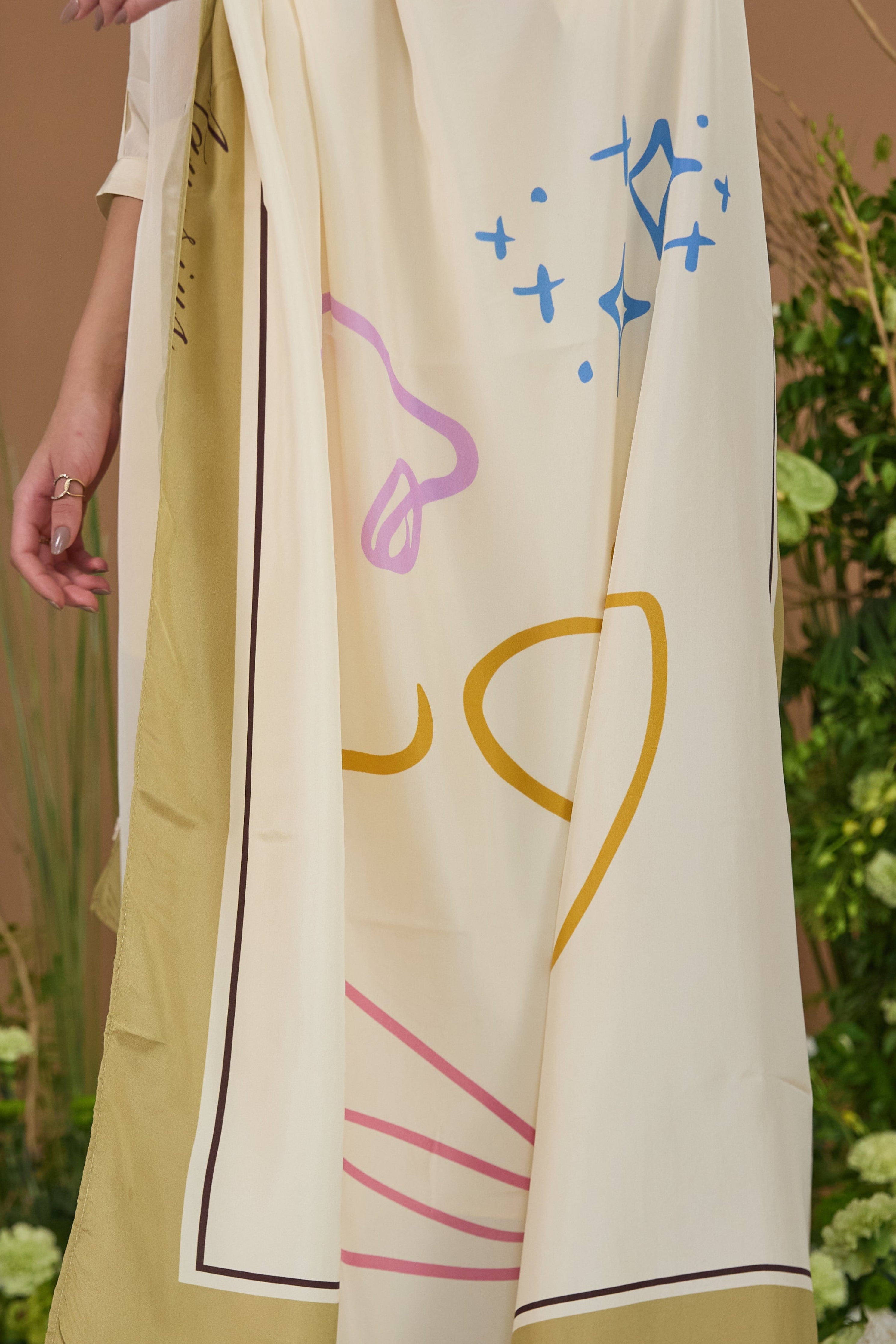 Aquarius Habotai Silk Zodiac Dupatta - fabric and print detail | Essence by Monika