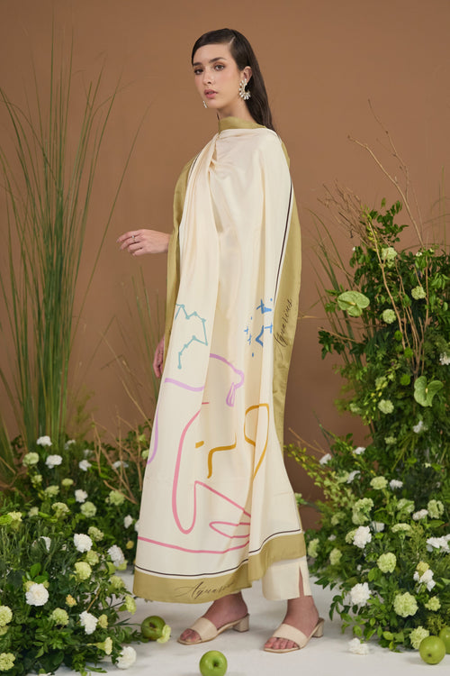 Champagne with green border Dupatta - side silhouette | Essence by Monika
