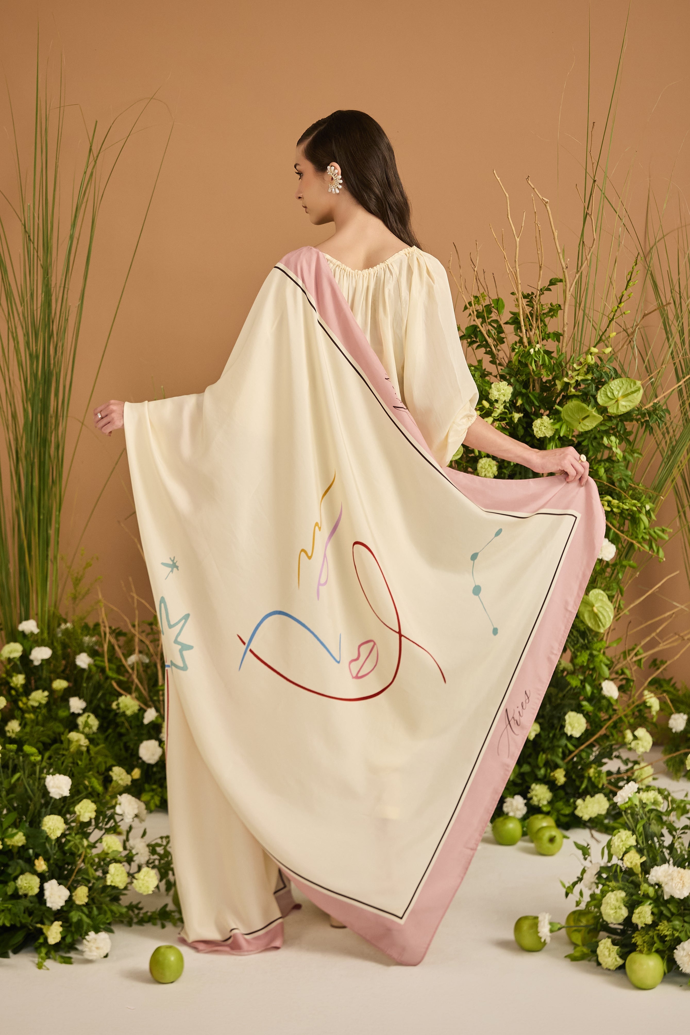 Aries Habotai Silk Zodiac Dupatta - back view | Essence by Monika