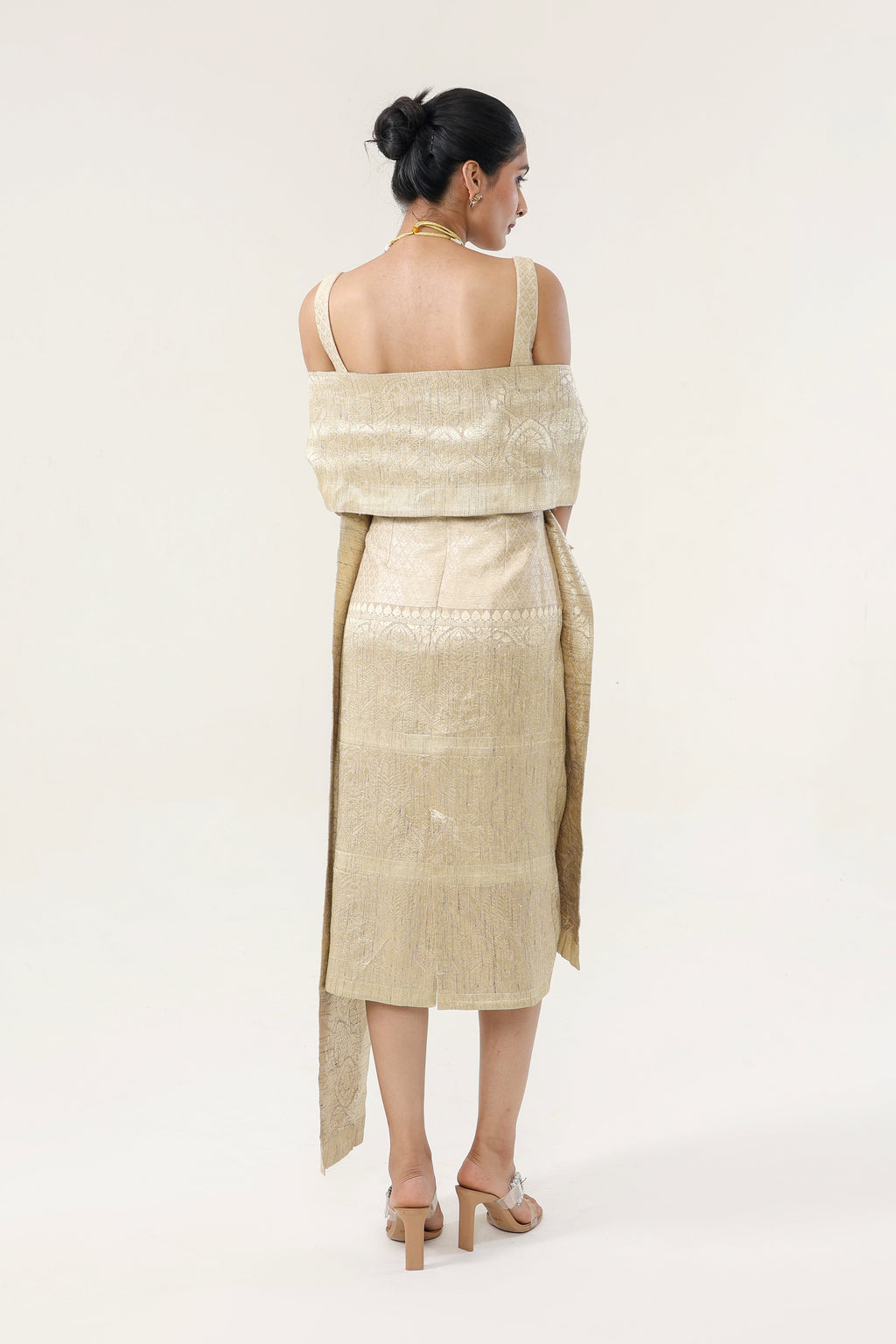 Banarsi Jamawari Calf-Length Dress with Munga Stole - back view | Essence by Monika