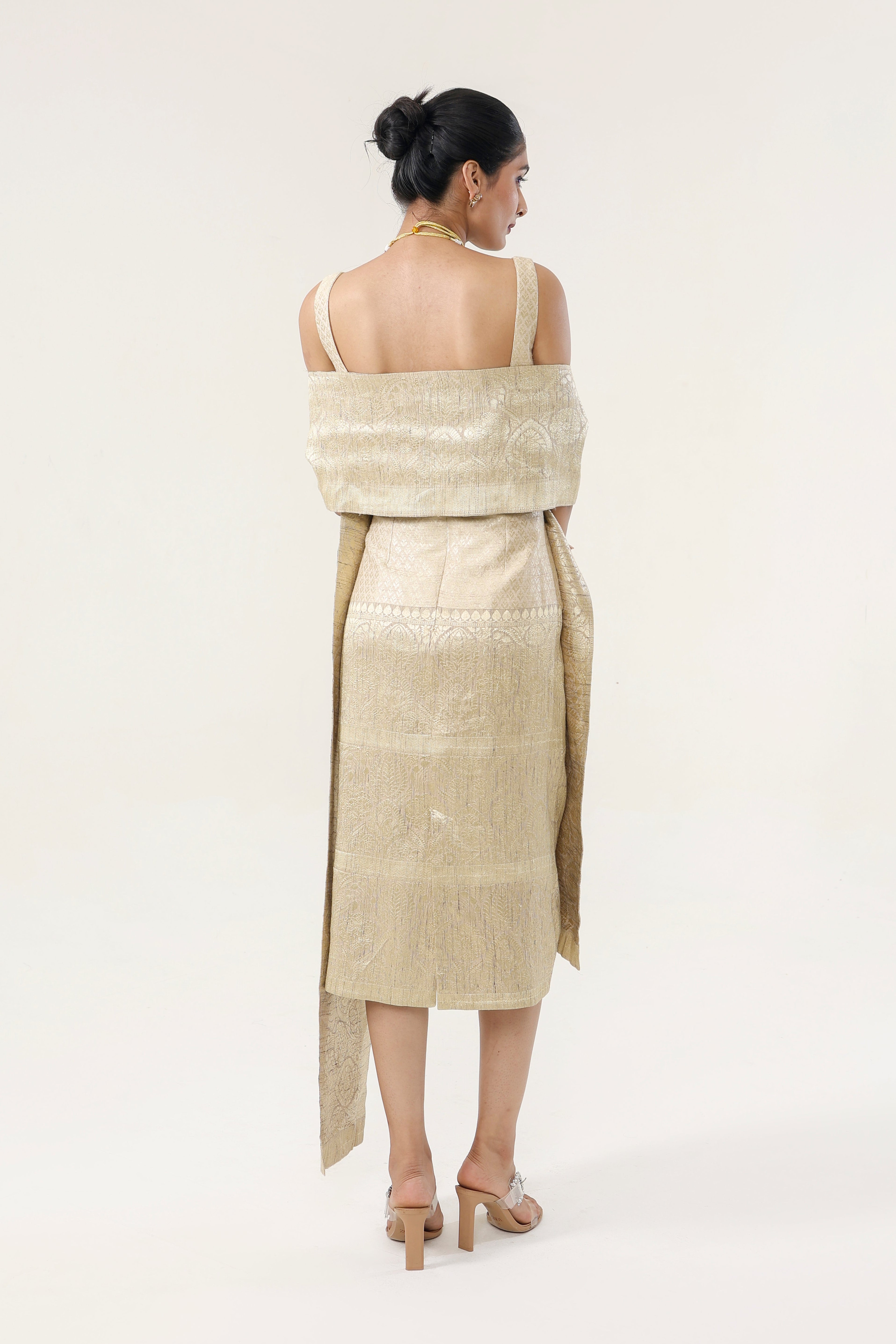 Banarsi Jamawari Calf-Length Dress with Munga Stole - back view | Essence by Monika