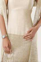 Banarsi Jamawari Calf-Length Dress with Munga Stole - fabric and embroidery detail | Essence by Monika
