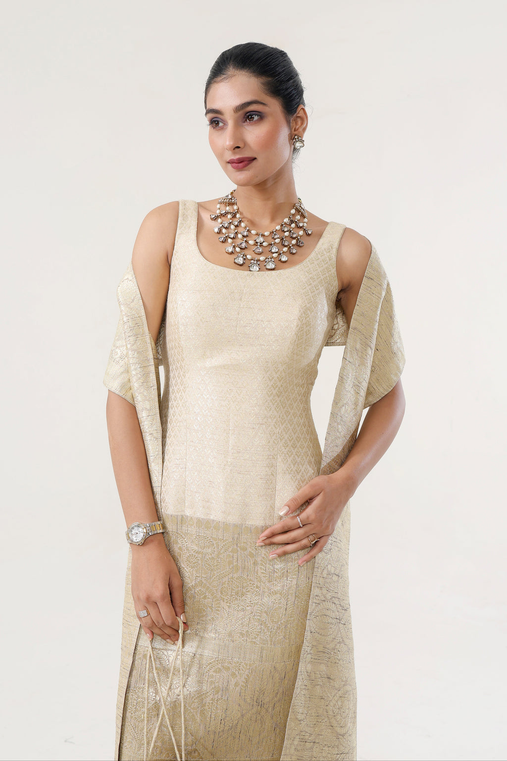 Banarsi Jamawari Calf-Length Dress with Munga Stole - fabric and embroidery detail | Essence by Monika