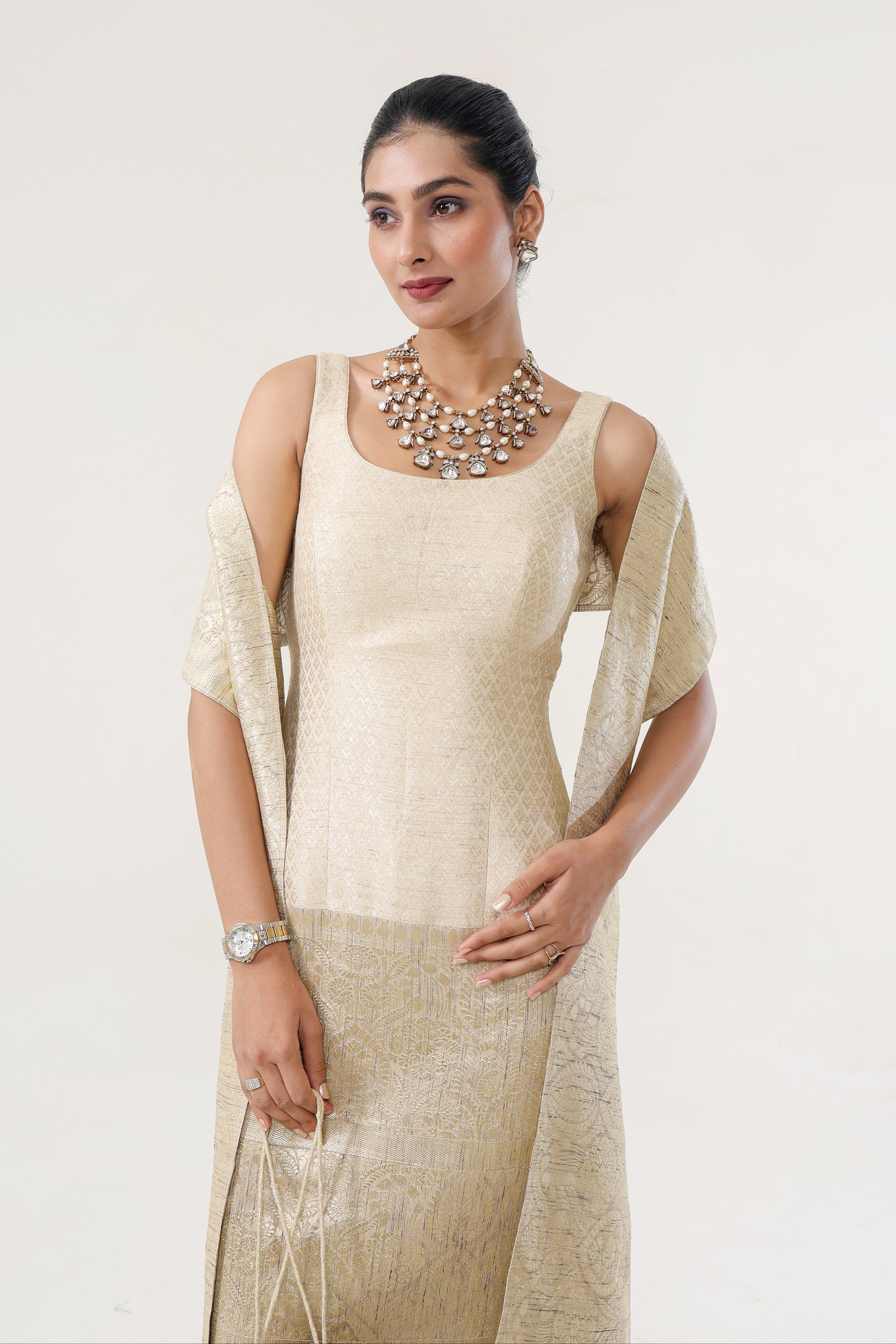 Banarsi Jamawari Calf-Length Dress with Munga Stole - fabric and embroidery detail | Essence by Monika