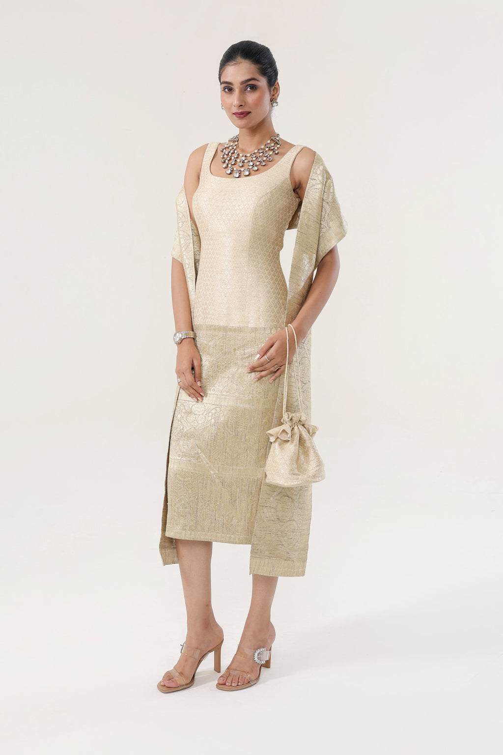 Heritage gold Banarsi Jamawari silk + Banarsi Munga border Dress - front view | Essence by Monika