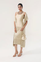 Heritage gold Banarsi Jamawari silk + Banarsi Munga border Dress - front view | Essence by Monika