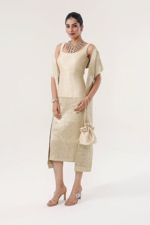 Heritage gold Banarsi Jamawari silk + Banarsi Munga border Dress - front view | Essence by Monika