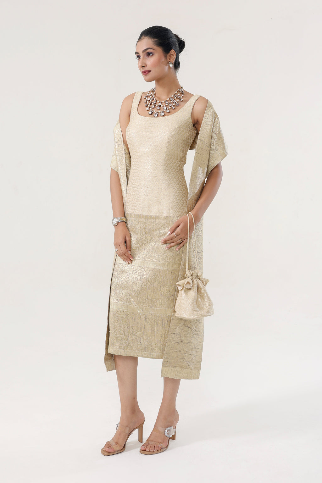 Heritage gold Dress - side silhouette | Essence by Monika