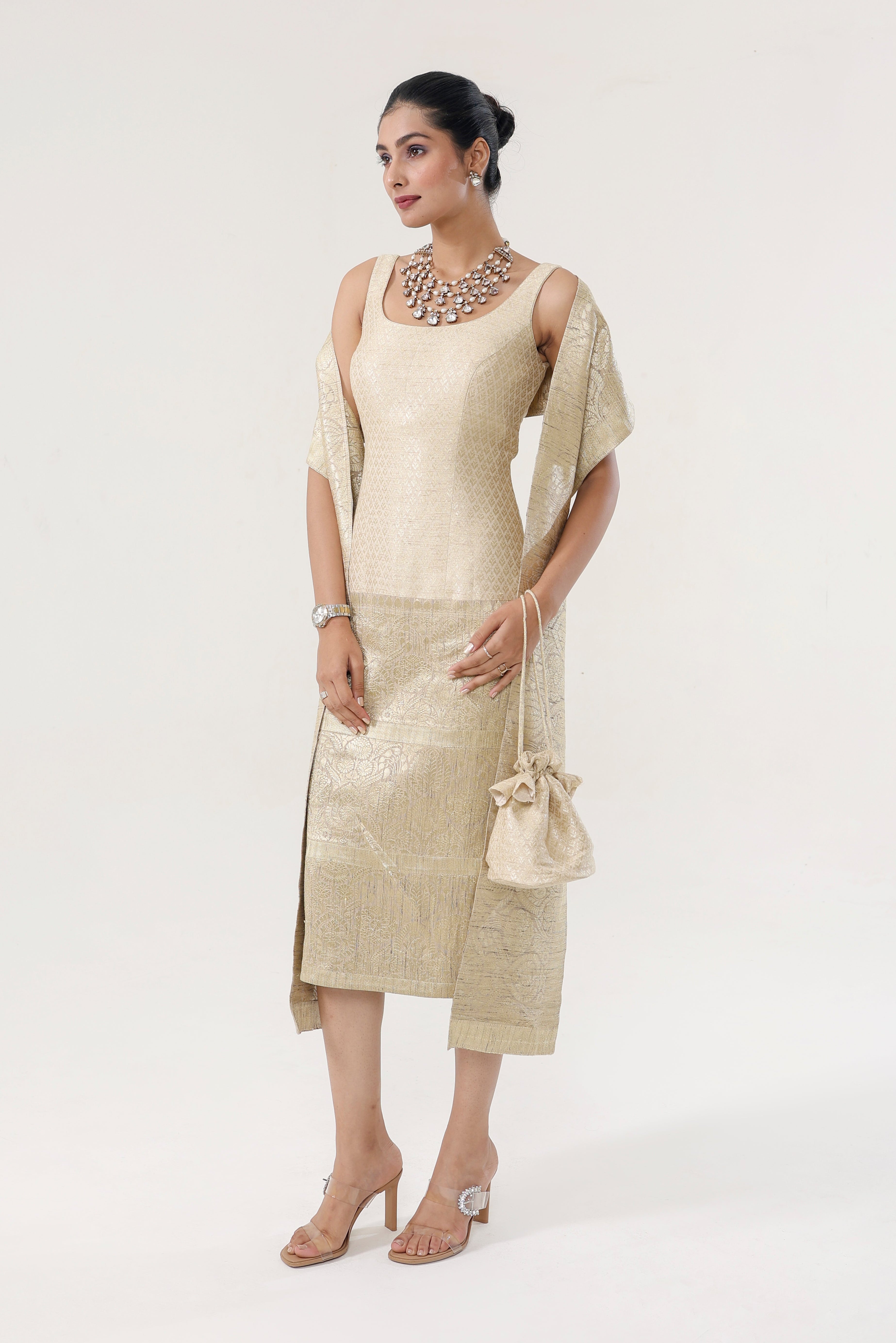 Heritage gold Dress - side silhouette | Essence by Monika