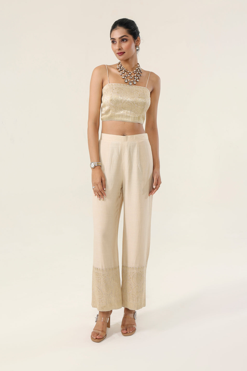 Natural gold Munga 100% pure Kora Munga + Banarsi Munga accents Co-ord Set - front view | Essence by Monika