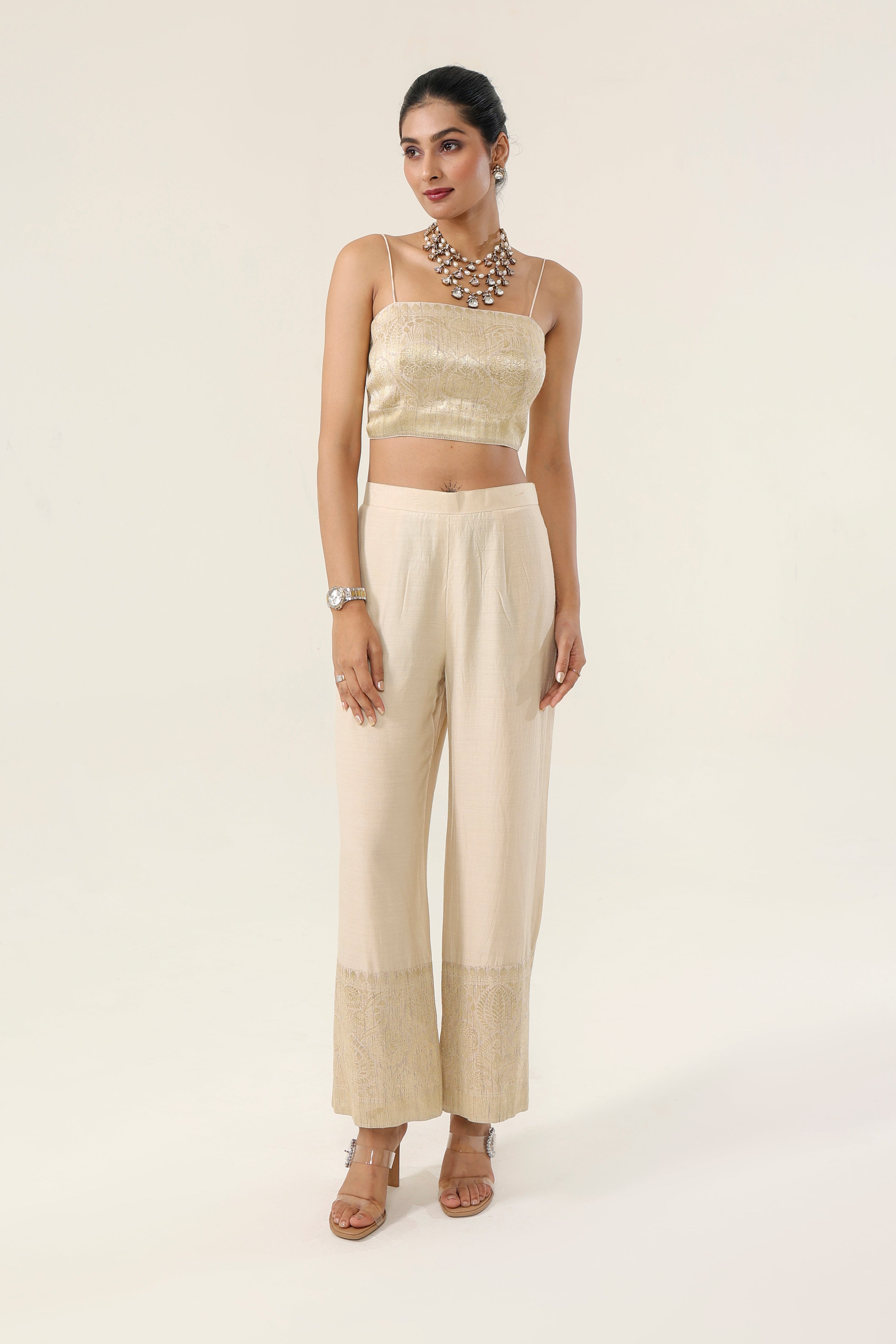 Natural gold Munga 100% pure Kora Munga + Banarsi Munga accents Co-ord Set - front view | Essence by Monika