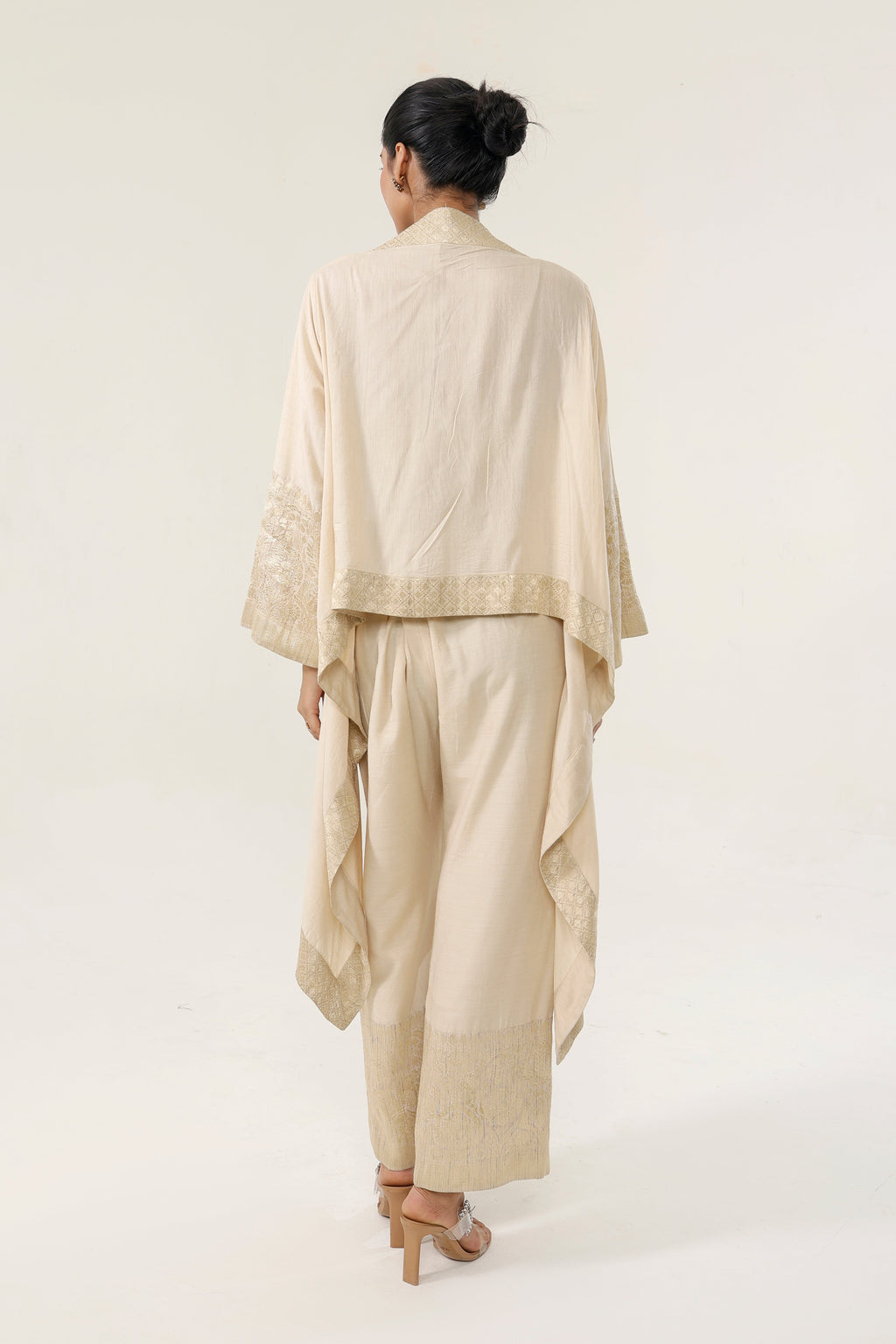 Banarsi Munga Cape with Bralette & Pants - back view | Essence by Monika