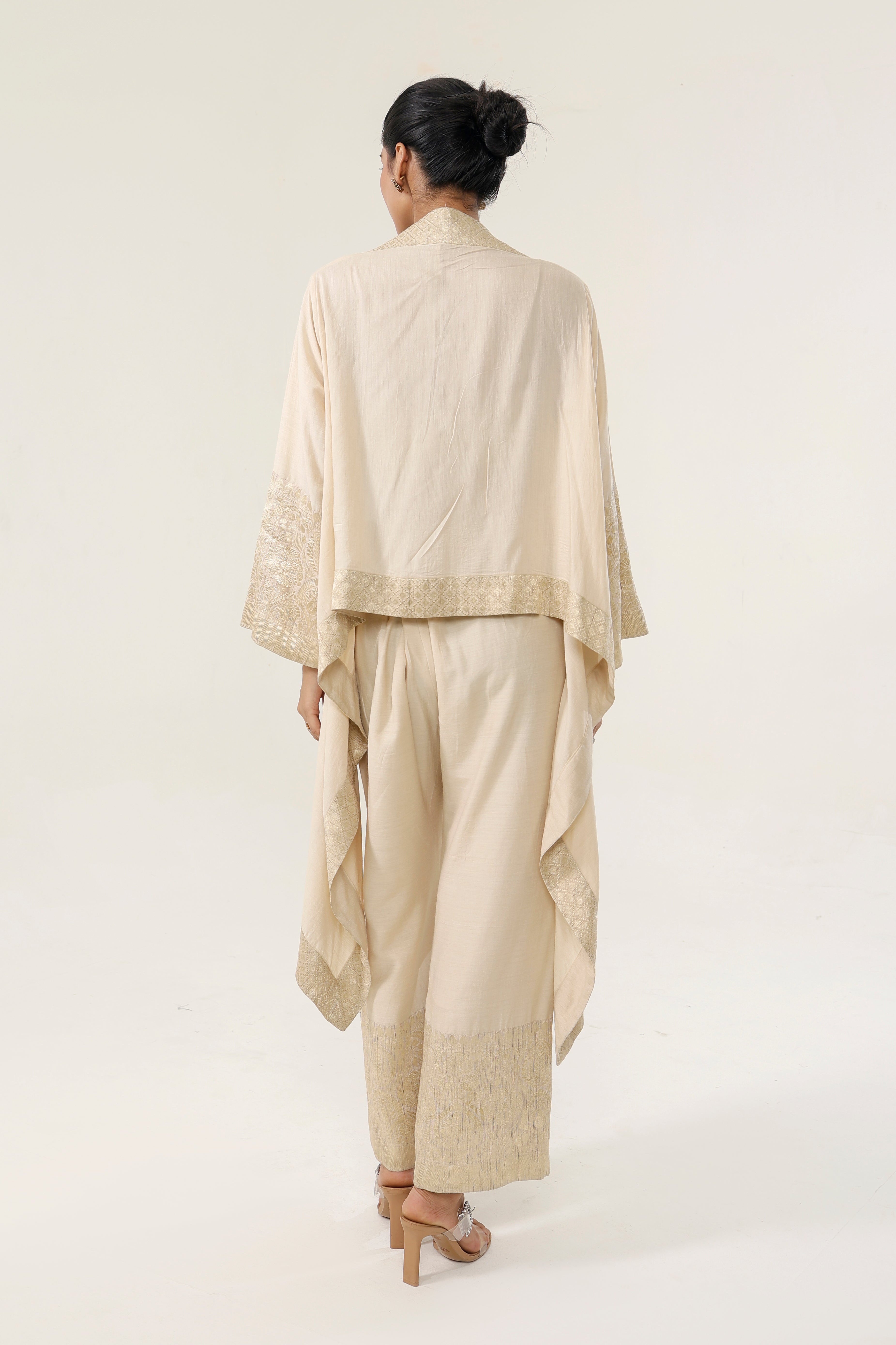 Banarsi Munga Cape with Bralette & Pants - back view | Essence by Monika