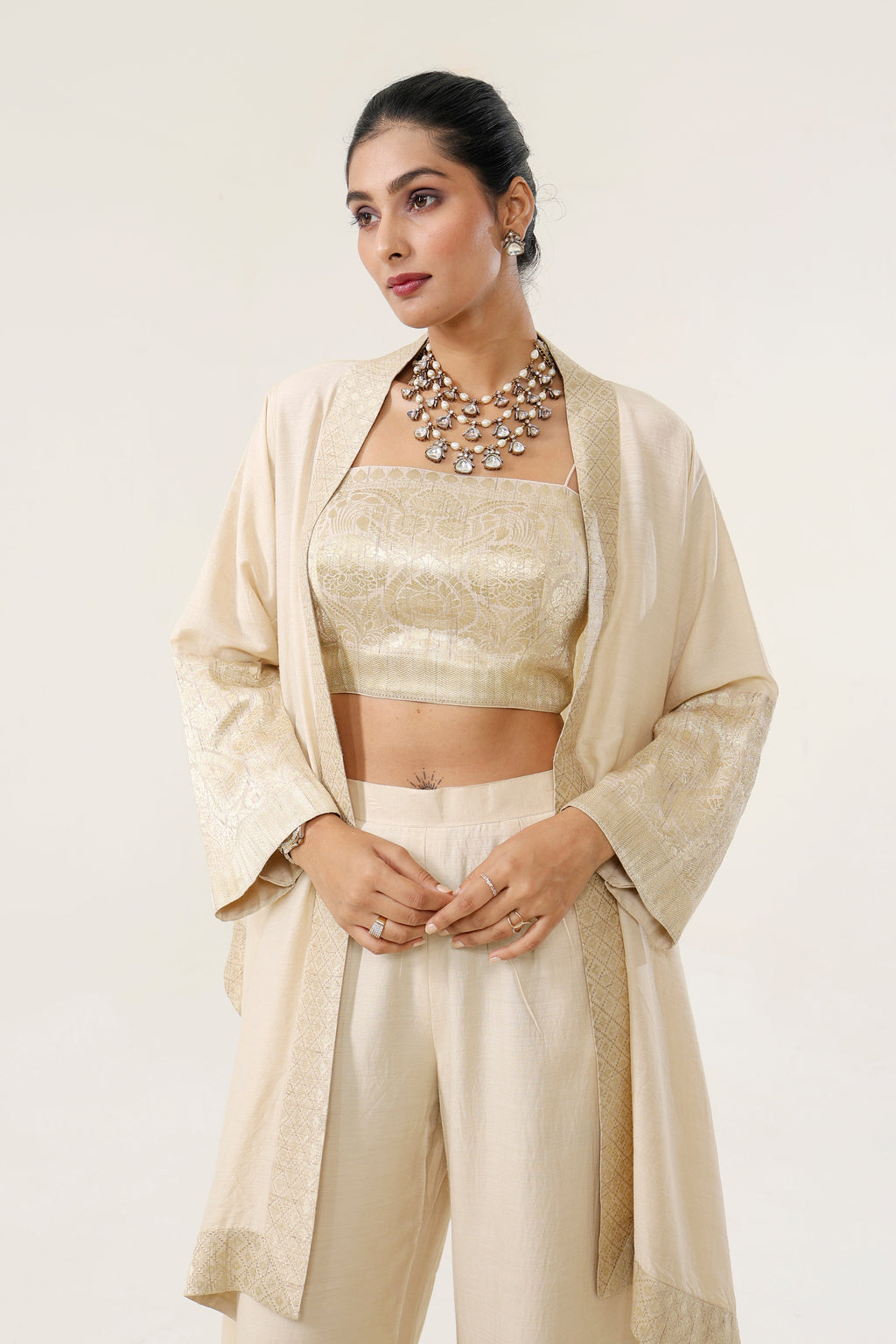 Banarsi Munga Cape with Bralette & Pants - fabric and embroidery detail | Essence by Monika