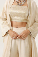 Banarsi Munga Cape with Bralette & Pants - fabric and embroidery detail | Essence by Monika