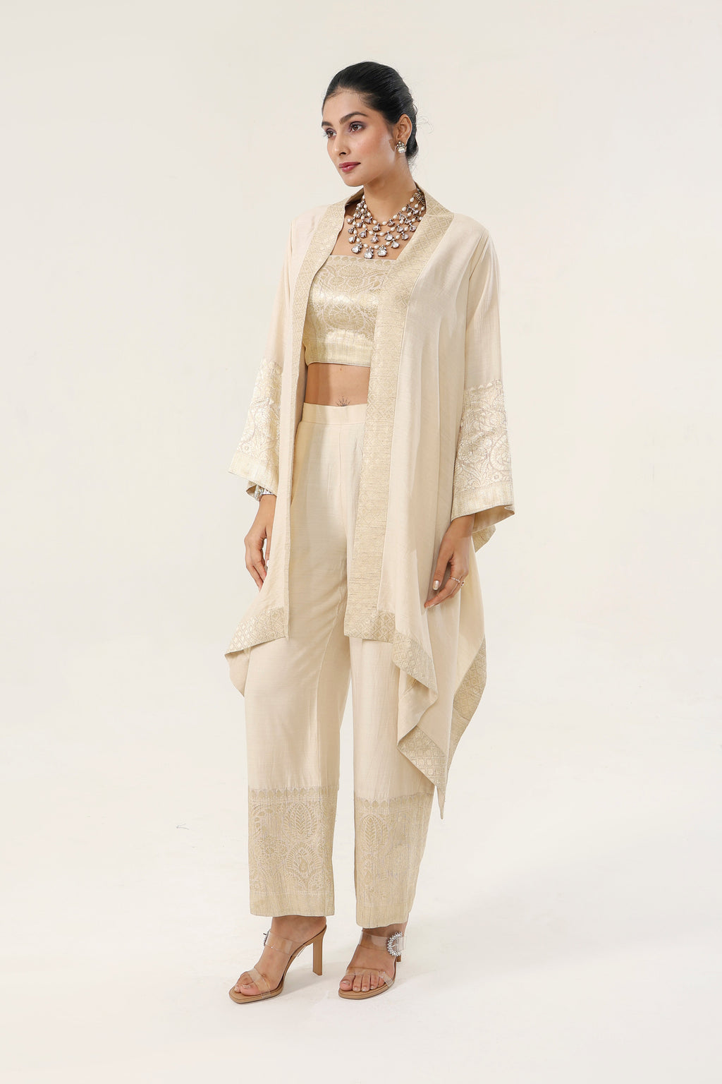 Natural gold Munga 100% pure Kora Munga + Banarsi Munga accents Co-ord Set - front view | Essence by Monika