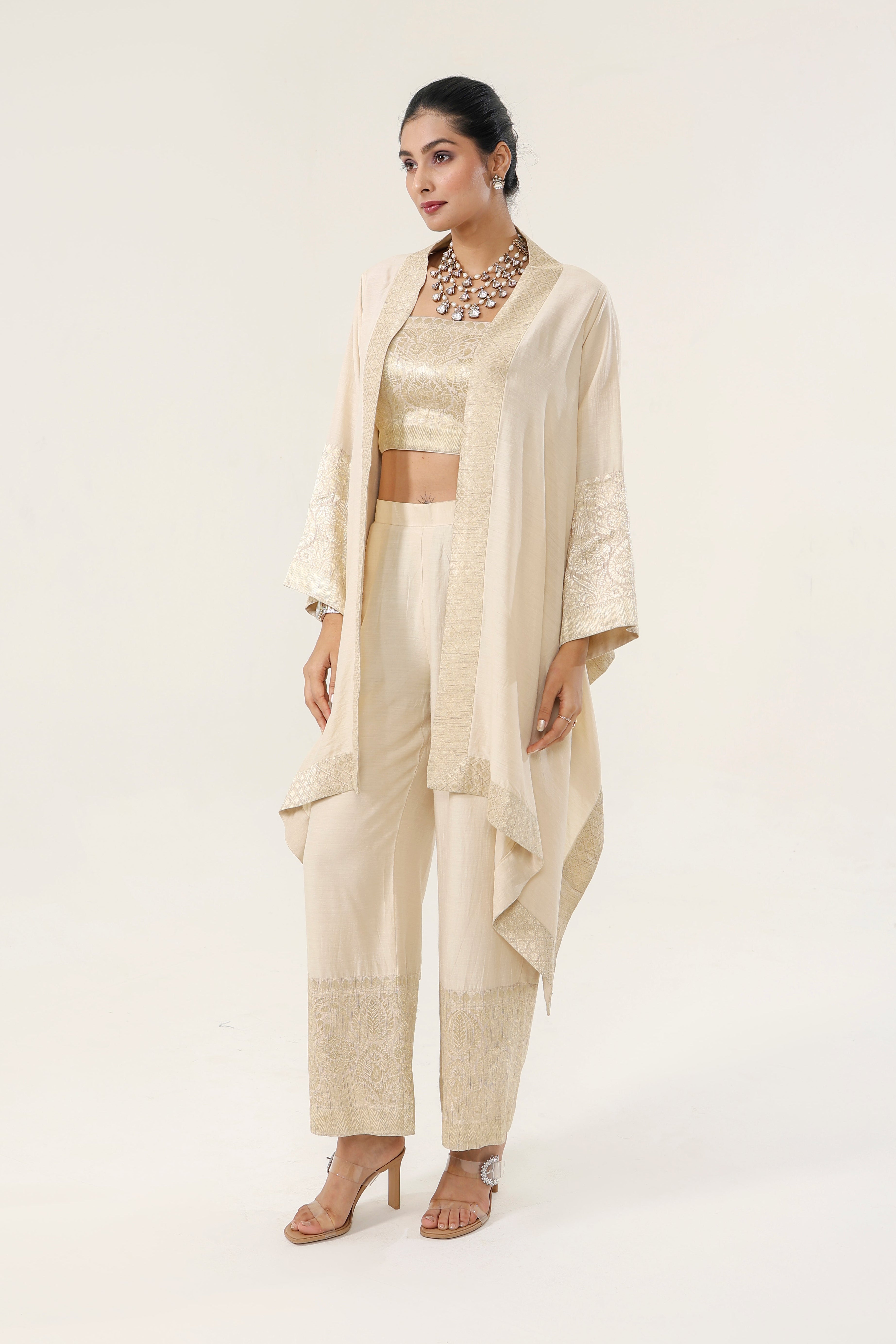 Natural gold Munga 100% pure Kora Munga + Banarsi Munga accents Co-ord Set - front view | Essence by Monika