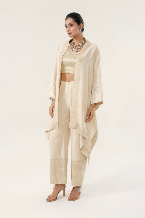 Natural gold Munga 100% pure Kora Munga + Banarsi Munga accents Co-ord Set - front view | Essence by Monika
