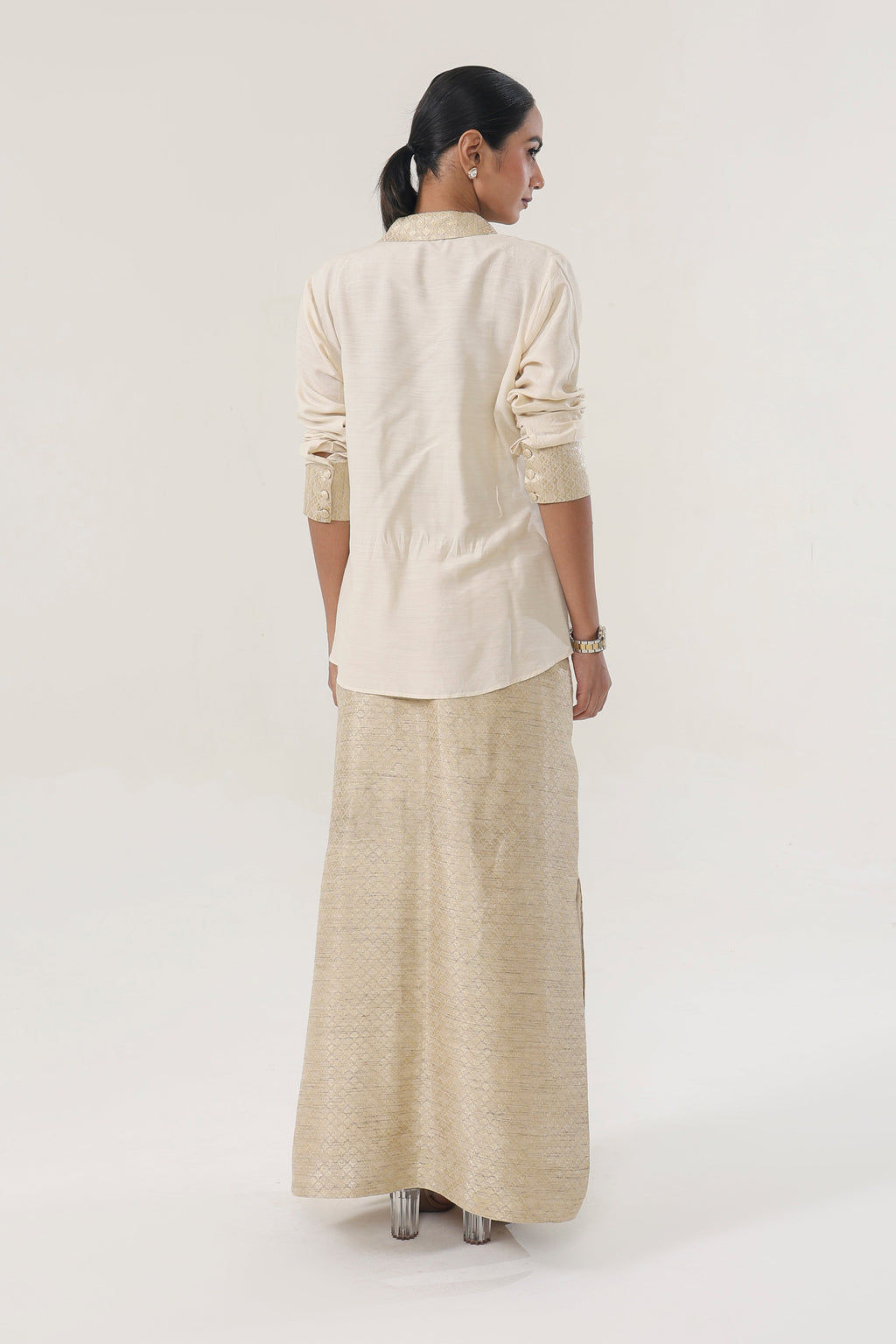 Banarsi Munga Skirt, Shirt & Bralette - back view | Essence by Monika