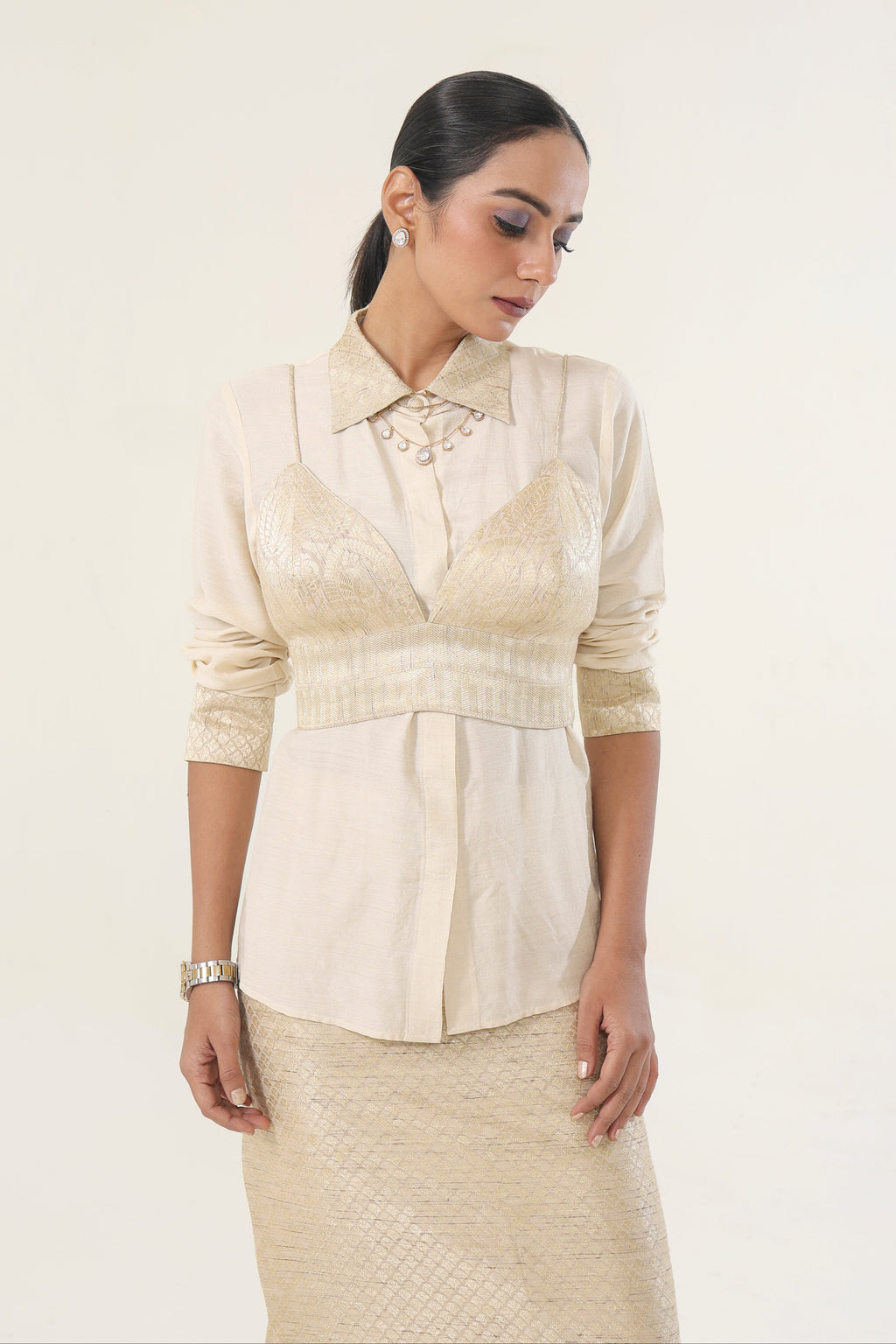 Banarsi Munga Skirt, Shirt & Bralette - fabric and embroidery detail | Essence by Monika