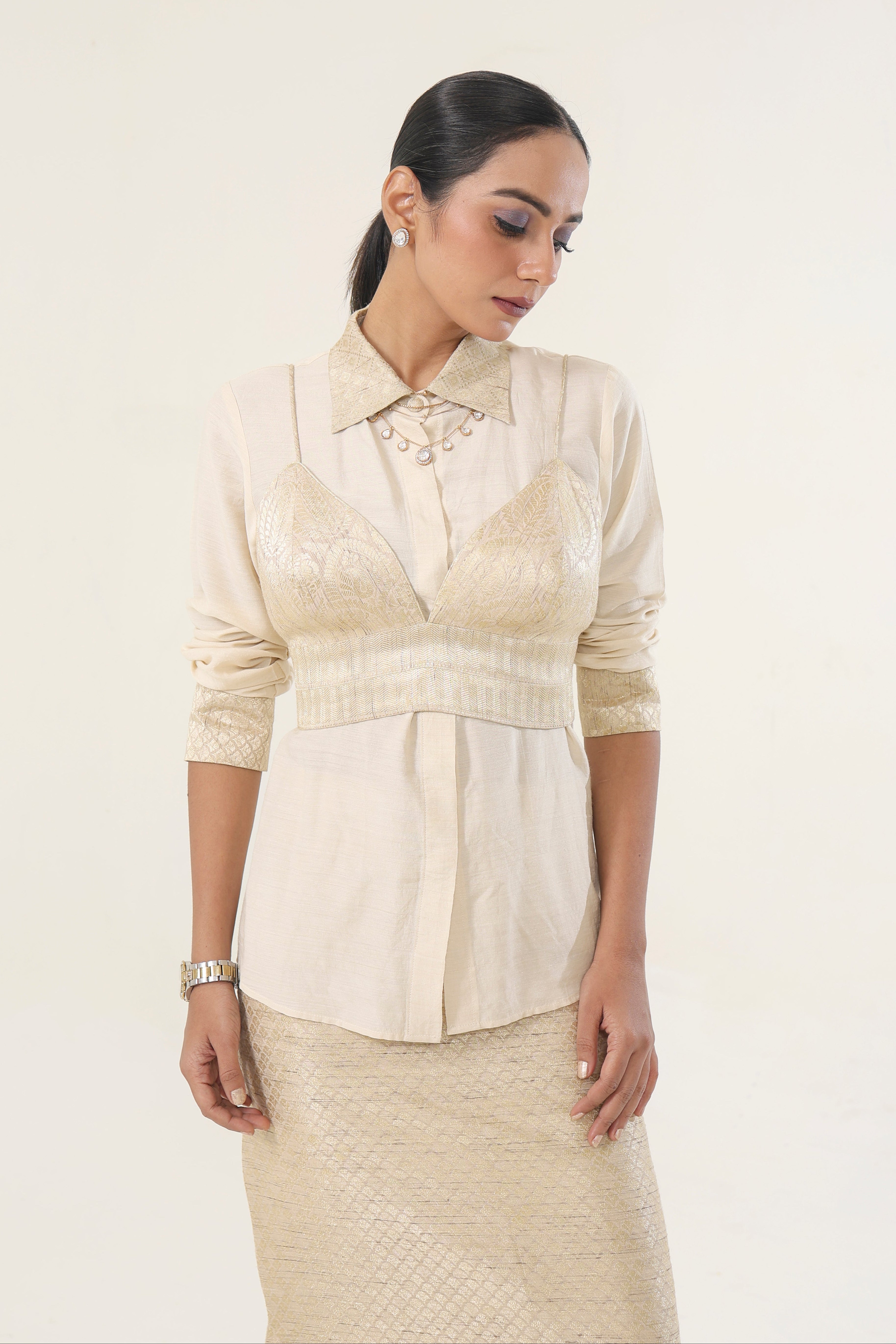 Banarsi Munga Skirt, Shirt & Bralette - fabric and embroidery detail | Essence by Monika