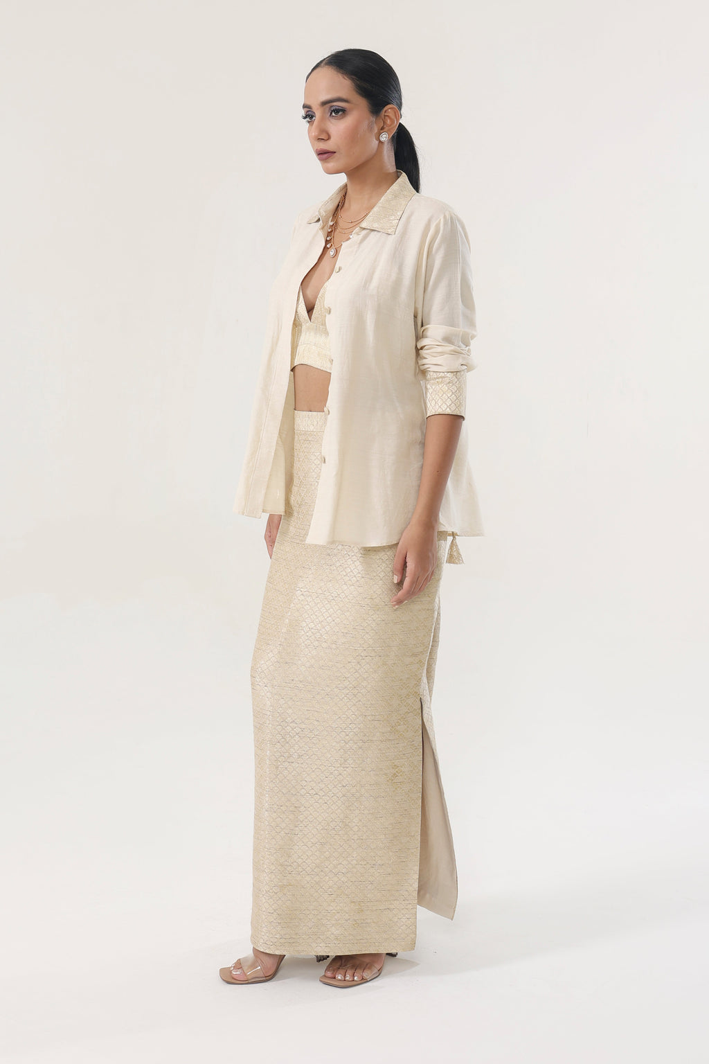 Natural gold Munga Co-ord Set - side silhouette | Essence by Monika