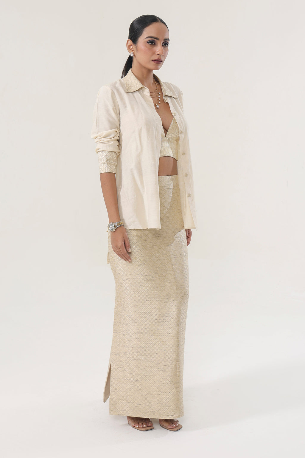 Natural gold Munga Co-ord Set - side silhouette | Essence by Monika