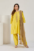 Bright yellow Katan silk farshi salwar suit with crushed tissue dupatta by Essence by Monika, front view