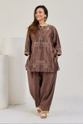 Brown Chanderi short kurta with dabka and zari work and cocoon pants by Essence by Monika, front view