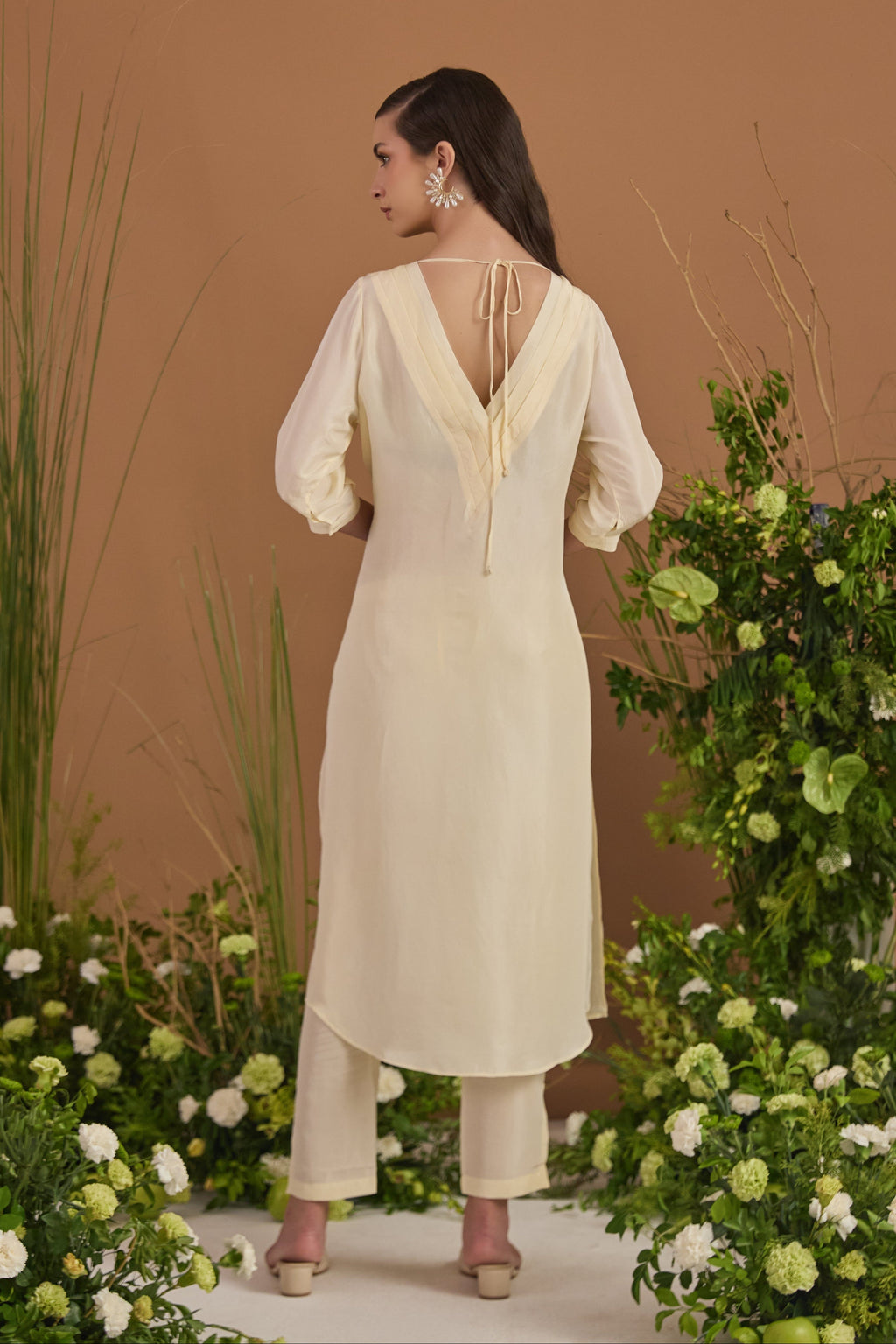 Champagne Habotai Silk Long Kurta with Pleated Back - back view | Essence by Monika