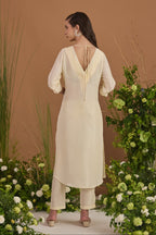 Champagne Habotai Silk Long Kurta with Pleated Back - back view | Essence by Monika