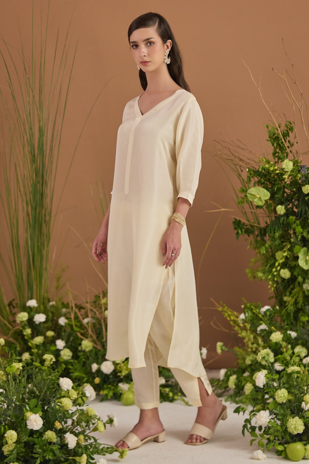 Champagne 100% pure Habotai silk Kurta Set - front view | Essence by Monika