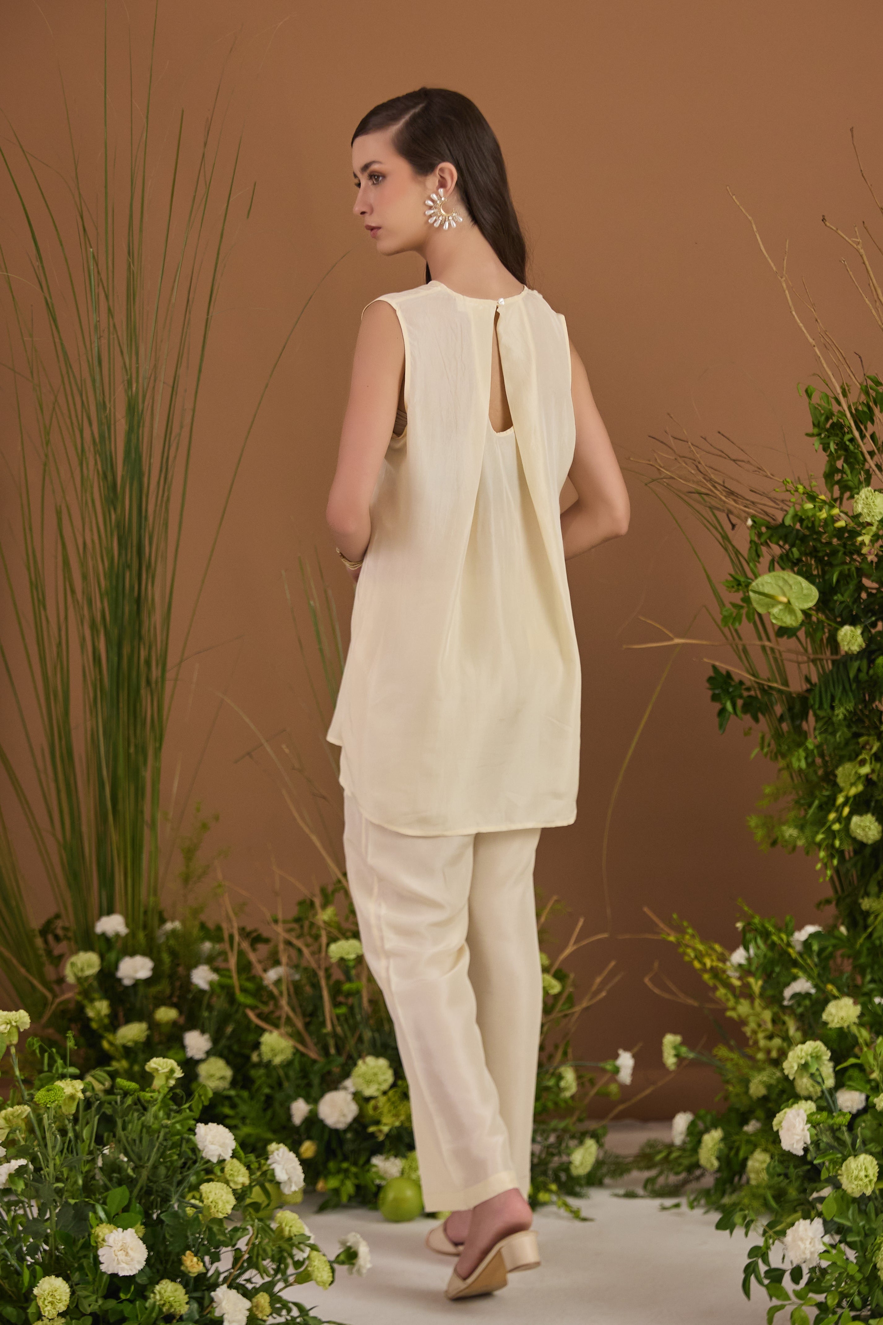 Champagne Habotai Silk Short Kurta Set - back view | Essence by Monika