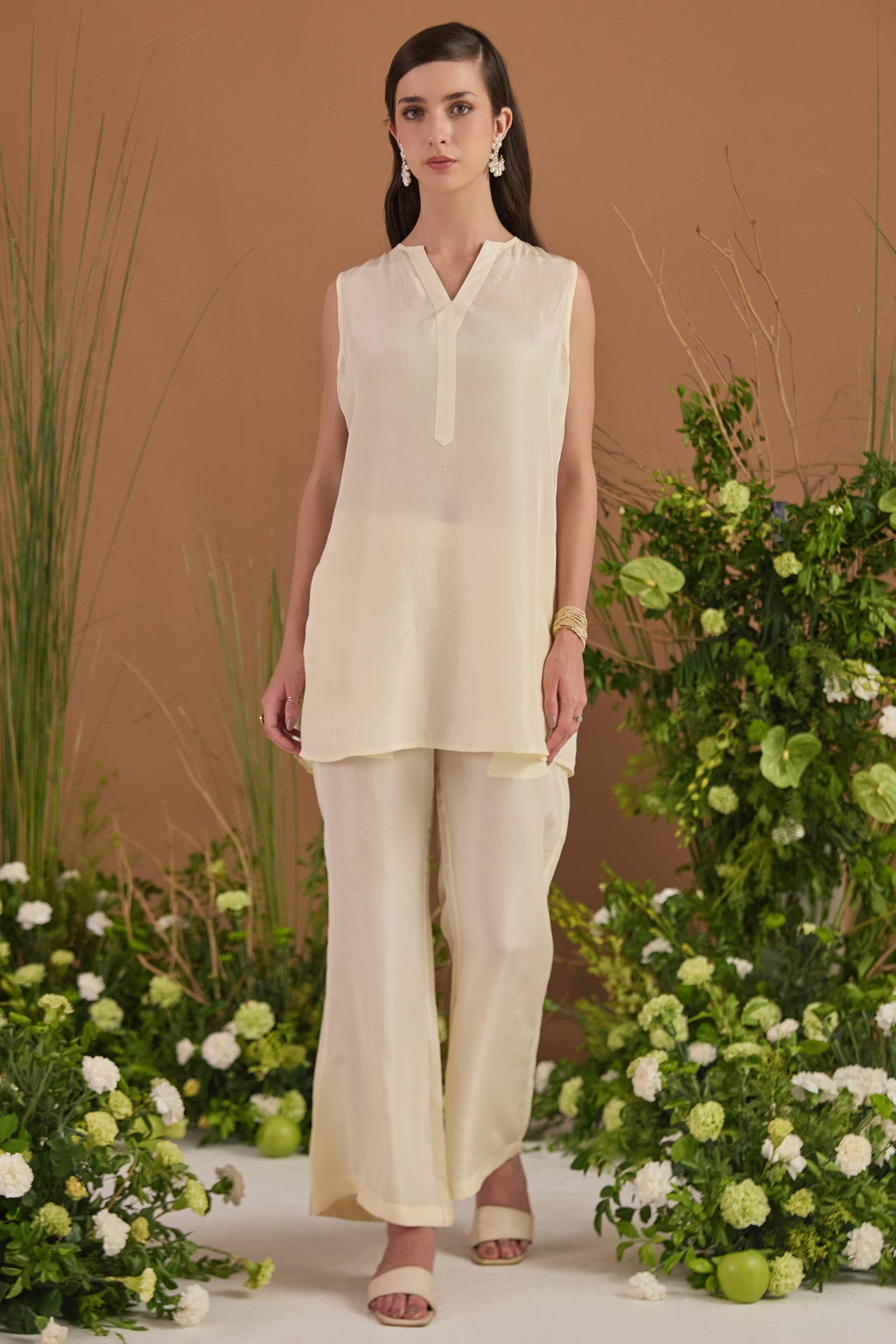 Champagne 100% pure Habotai silk Kurta Set - front view | Essence by Monika