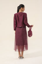 Claret Wine Pleated Dress with Double Coat - back view | Essence by Monika