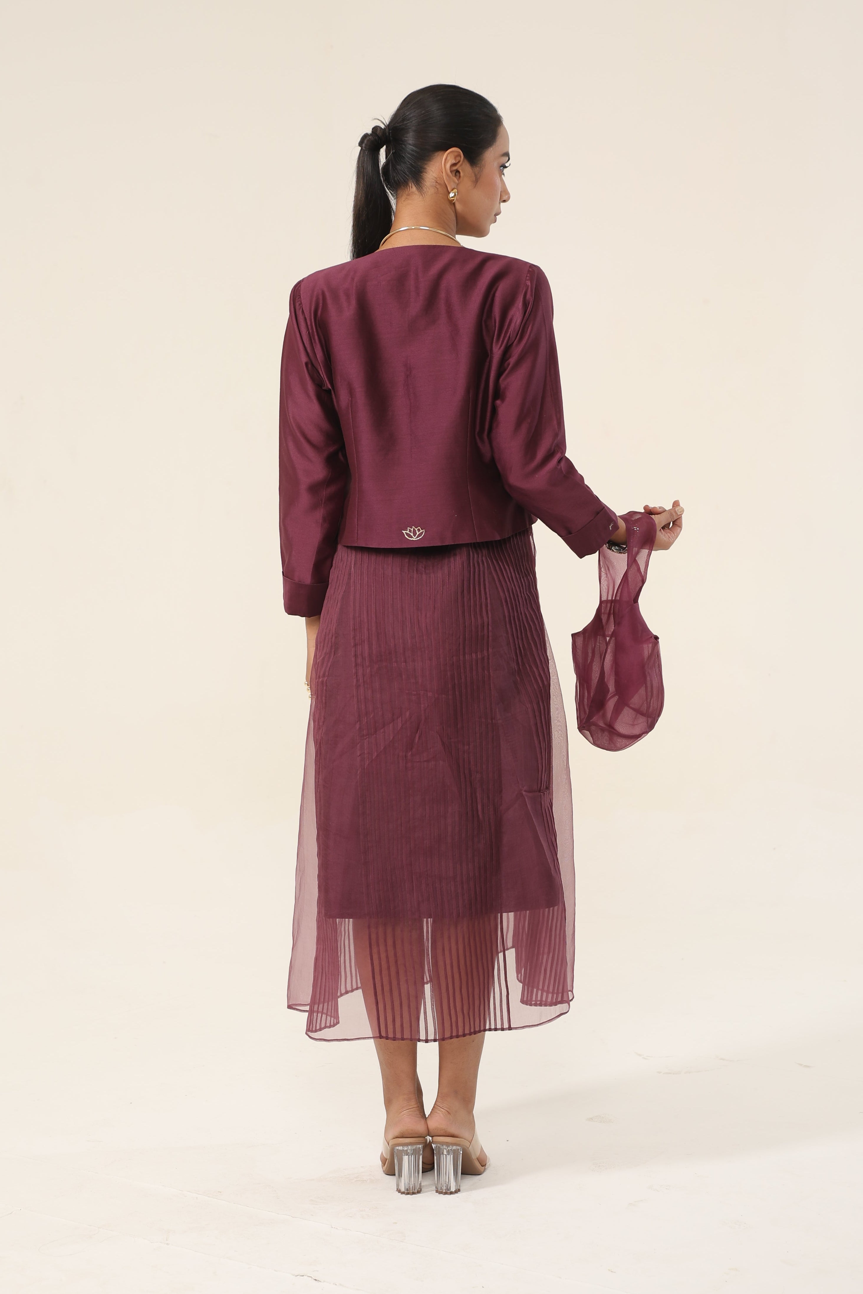 Claret Wine Pleated Dress with Double Coat - back view | Essence by Monika