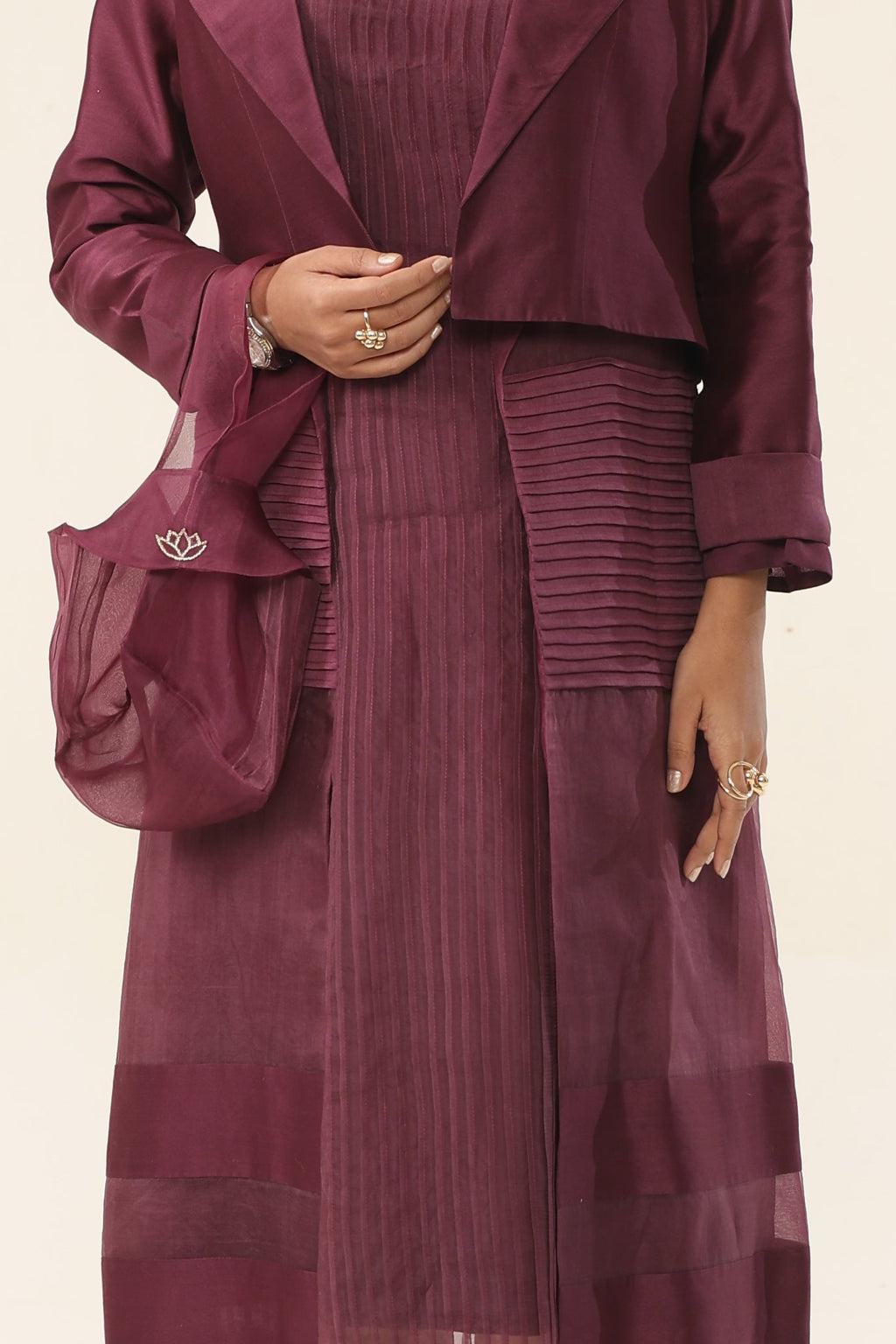 Claret Wine Pleated Dress with Double Coat - fabric and embroidery detail | Essence by Monika