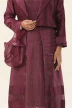 Claret Wine Pleated Dress with Double Coat - fabric and embroidery detail | Essence by Monika