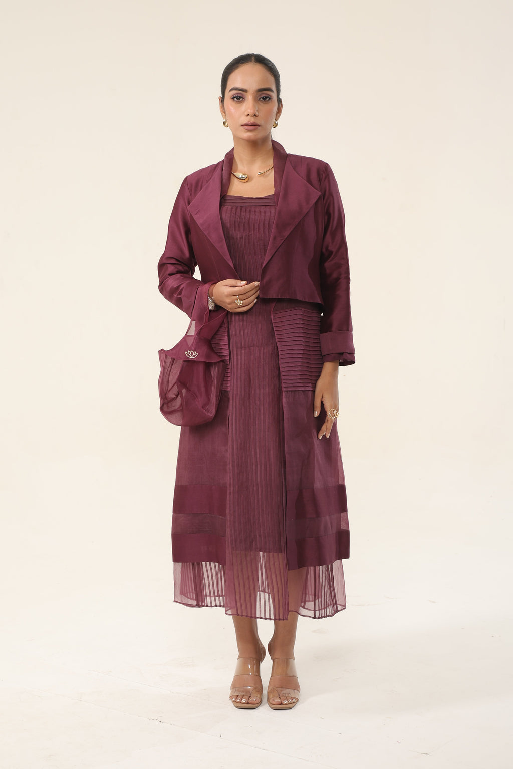 Claret Wine Organza + pure Chanderi Co-ord Set - front view | Essence by Monika