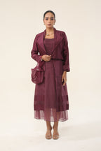 Claret Wine Organza + pure Chanderi Co-ord Set - front view | Essence by Monika