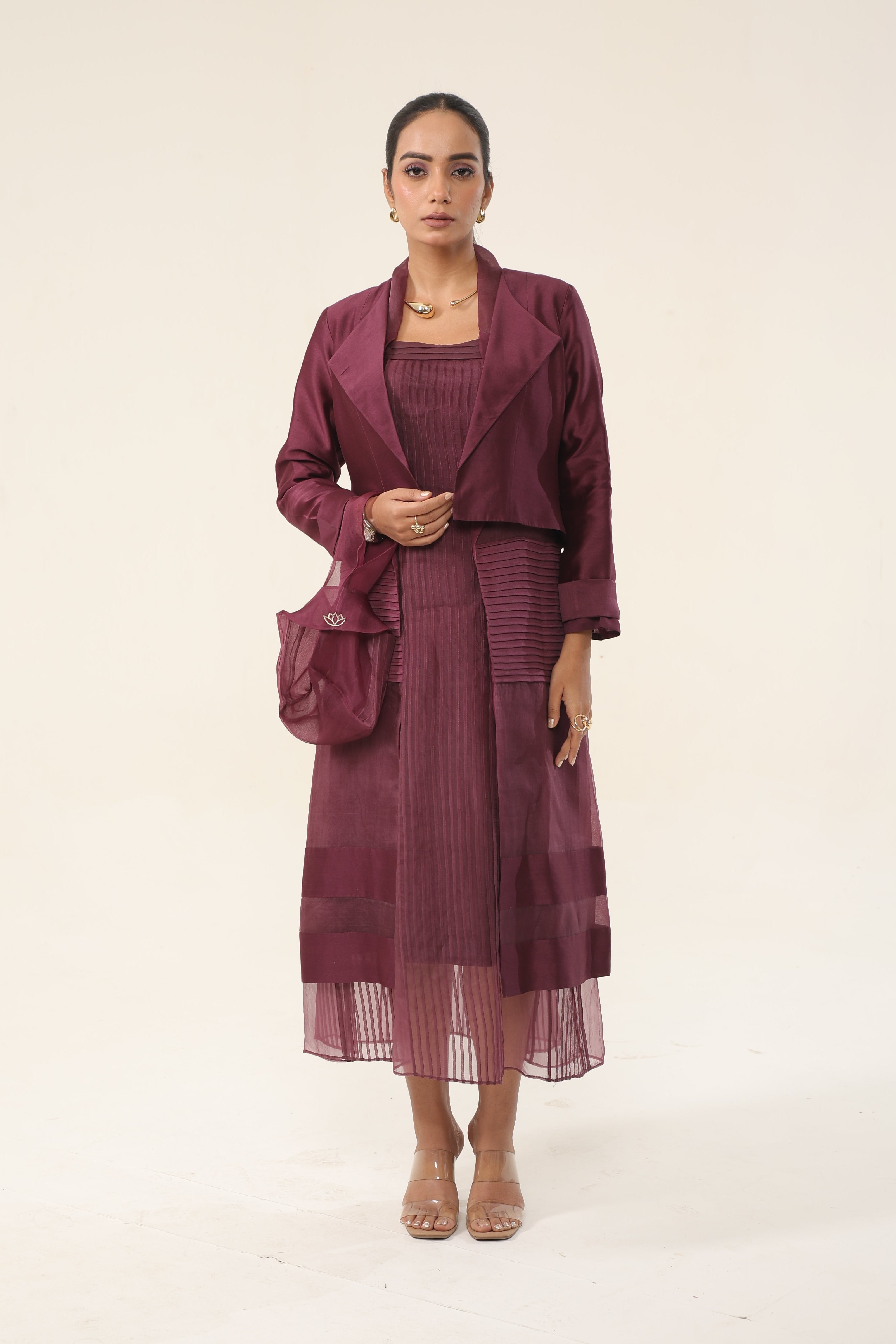 Claret Wine Organza + pure Chanderi Co-ord Set - front view | Essence by Monika