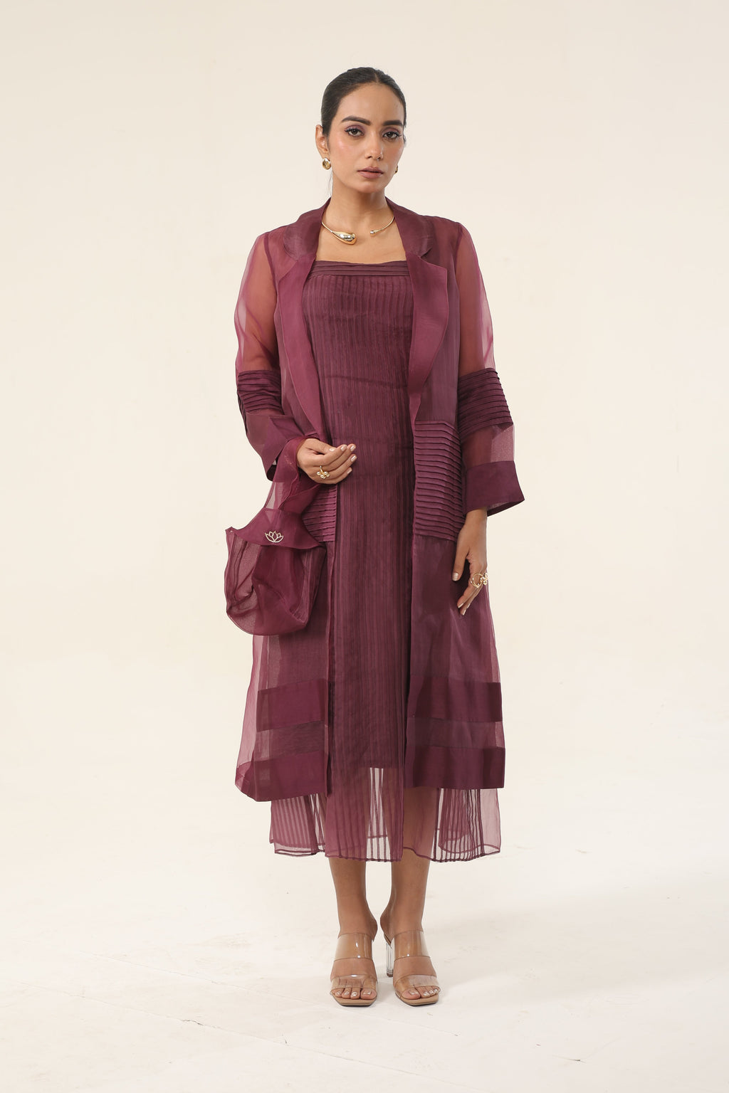 Claret Wine Organza + pure Organza long coat - front view | Essence by Monika