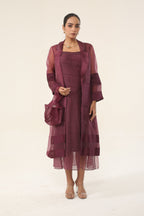 Claret Wine Organza + pure Organza long coat - front view | Essence by Monika
