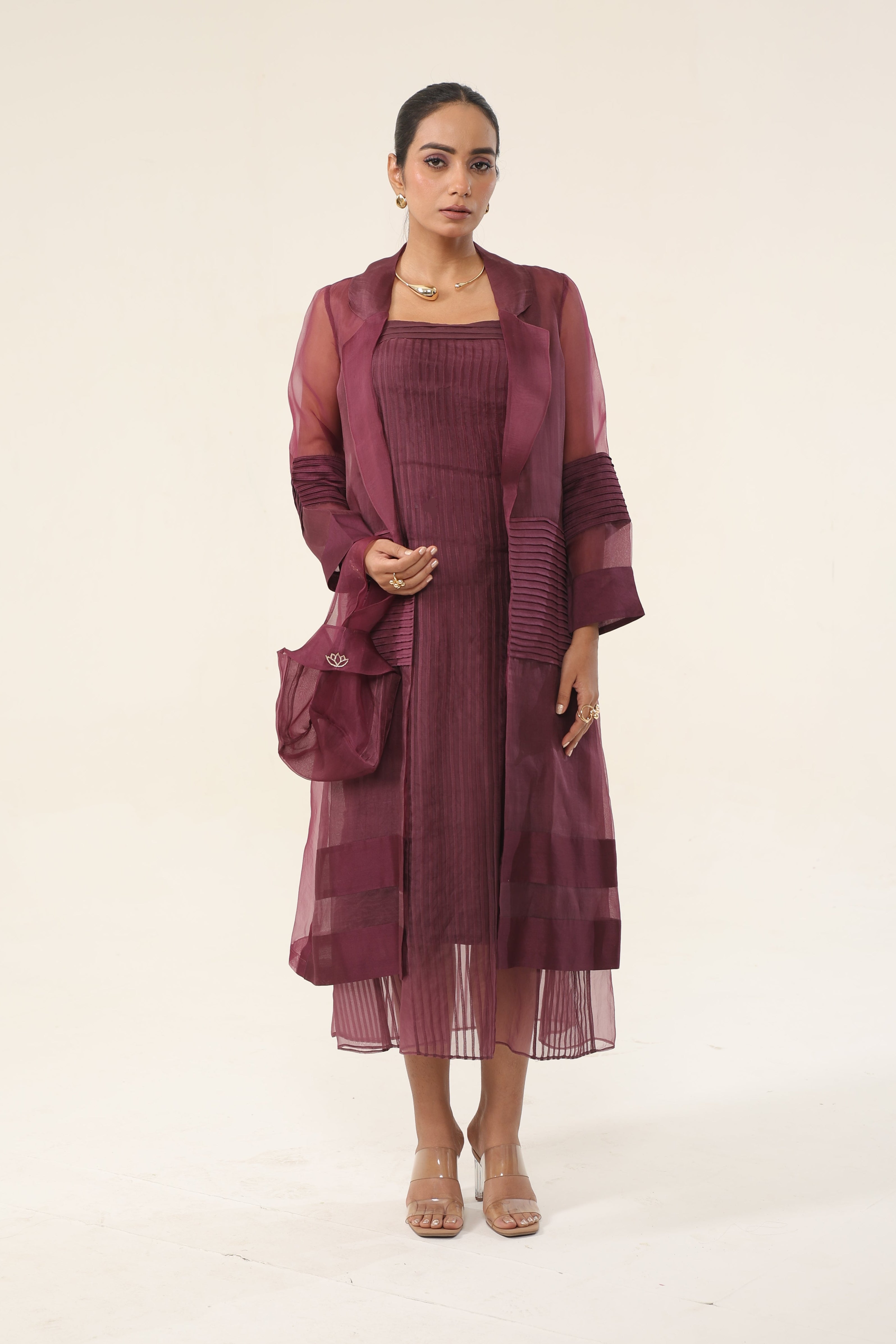 Claret Wine Organza + pure Organza long coat - front view | Essence by Monika