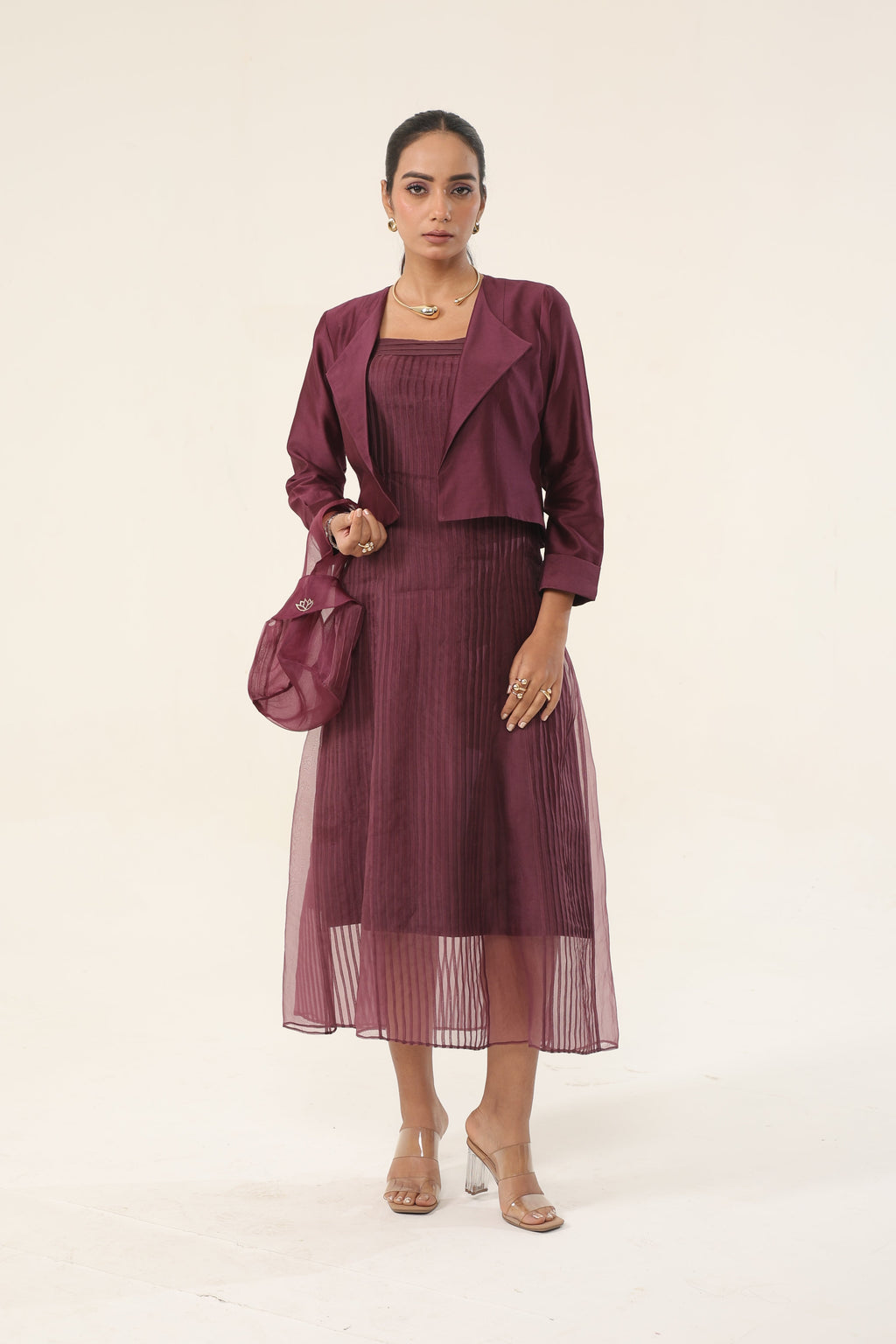 Claret Wine Organza + pure Chanderi short coat - front view | Essence by Monika