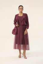 Claret Wine Organza + pure Chanderi short coat - front view | Essence by Monika
