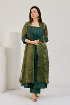 Dark green silk strappy kurta set with long sheer striped tissue Chanderi coat by Essence by Monika, front view