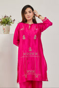 Fuchsia Chanderi kurta with dabka and zari work and cocoon pants by Essence by Monika, front view