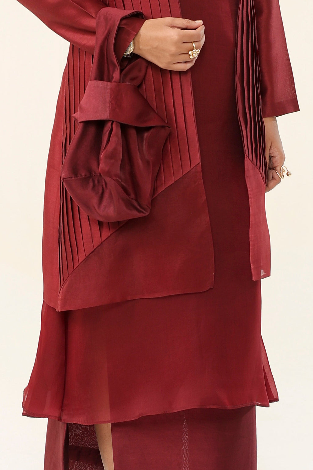 Garnet Maroon Pleated 4-Piece Ensemble - fabric and embroidery detail | Essence by Monika