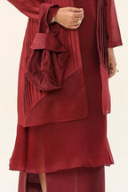 Garnet Maroon Pleated 4-Piece Ensemble - fabric and embroidery detail | Essence by Monika